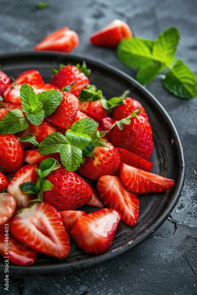 Wall mural fruit salad with strawberries and mint on a plate, stone background