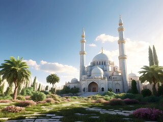 Fototapeta na wymiar A serene, empty backdrop featuring a distant mosque against a clear sky design.