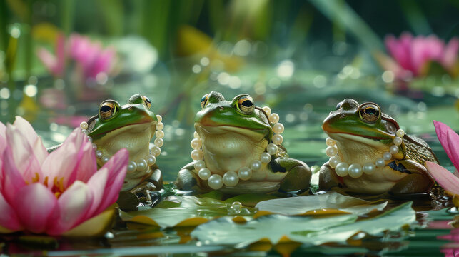 Frongs meeting party in a pond with lotus,The scene is peaceful and serene, with the frogs enjoying a moment of relaxation