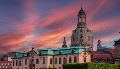 Old Dresden Frauenkirche Elbflorenz at night  and with sunset - obrazy, fototapety, plakaty