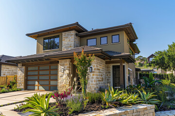 A newly built suburban home with a striking olive exterior, set in a picturesque neighborhood, showcasing a harmonious blend of natural stone elements and lush, multi-colored botanicals, 