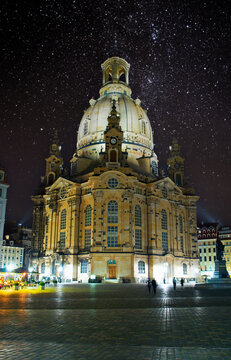 Old Dresden Frauenkirche Elbflorenz at night  and with sunset