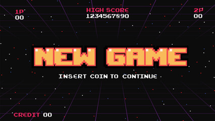 New game.pixel art .8 bit game.retro game. for game assets in vector illustrations.Retro Futurism Sci-Fi Background. glowing neon grid.and stars from vintage arcade comp