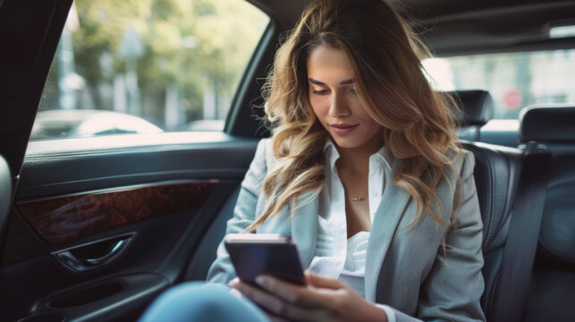 A woman in a suit uses a smartphone in the backseat of a car.