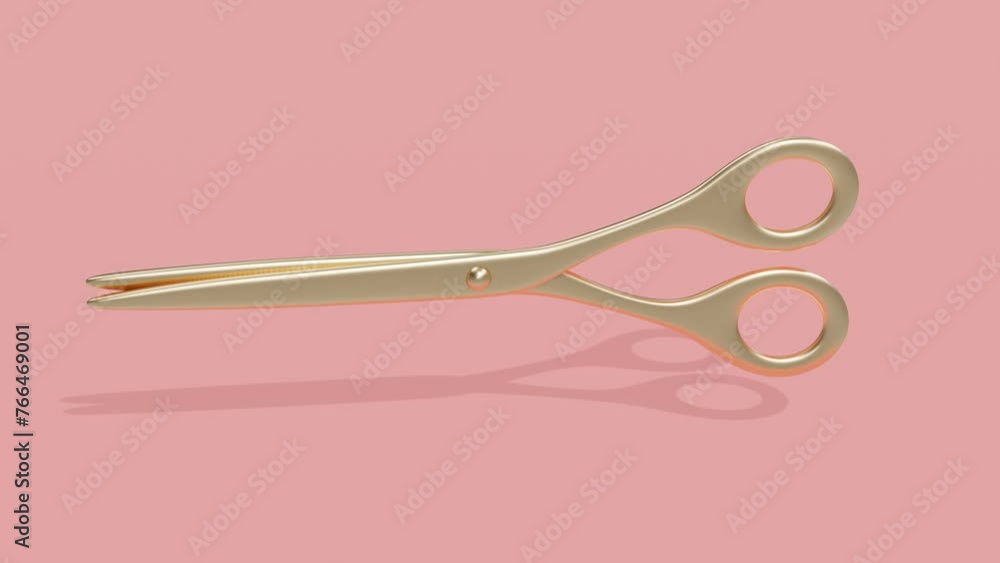 Poster golden scissors levitate on a pink background. minimal modern seamless motion design. abstract loop 