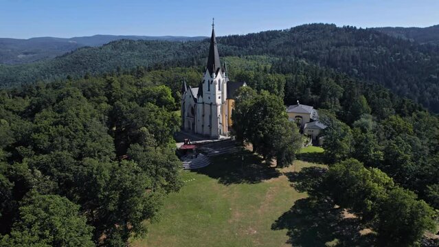 Aerial view of Basilica of the Visitation of the Blessed Virgin Mary (Putnicka bazilika Panny Marie, Marianska hora) near Levoca, small medieval town in Slovakia.