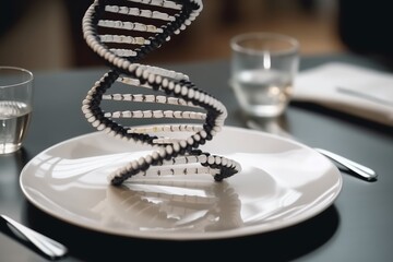 Genetically modified DNA and genes depicted on a plate, fork, and knife. Concept of genetically modified food, alterations made to the genetic material of organisms for enhanced traits or qualities. - obrazy, fototapety, plakaty