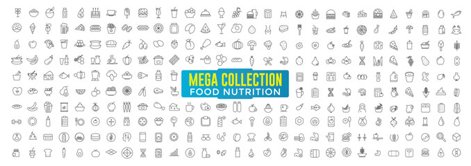 Fototapeta premium Food and Nutrition icons mega collection. Related to wellness, wellbeing, mental health, healthcare, cosmetics, spa, medical. Outline icon collection.