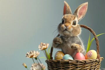 Happy Easter Sunday! Cute little bunny with easter eggs in basket on grey background