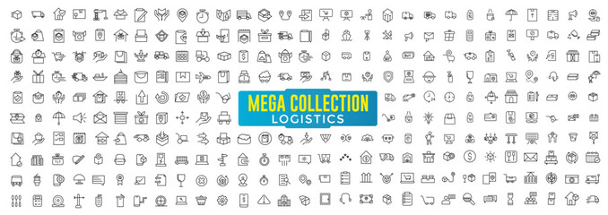 Big collection icon set. Related delivery and logistics. Outline icon collection. Supply chain, value chain, logistic, delivery, manufacturing, commerce. - obrazy, fototapety, plakaty