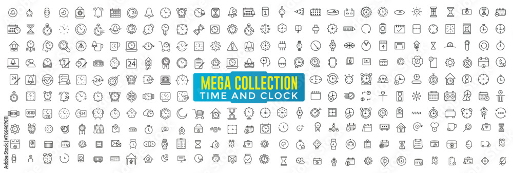 Poster time and clock icon mega collection. calendar, timer line icons. time and clock icon set, timer, spe