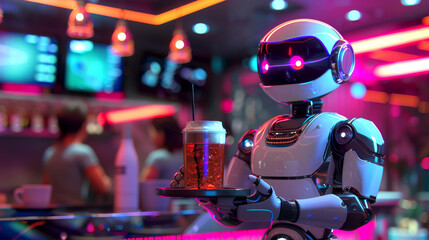 Color illustration - The robot waiter: your dedicated server with a tray of beverages - obrazy, fototapety, plakaty