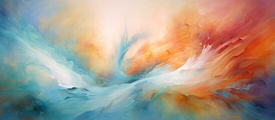 Vibrant and abstract painting depicting a colorful sky filled with fluffy clouds reflecting on calm waters