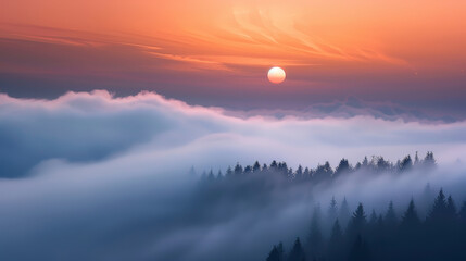 Fototapeta premium Enigmatic Sunset Veiled in Fog. Generative AI