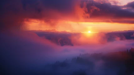 Gordijnen Enigmatic Sunset Veiled in Fog. Generative AI © Sascha