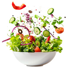 Ingredients falling into bowl with salad on white background