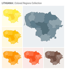 Lithuania map collection. Country shape with colored regions. Blue Grey, Yellow, Amber, Orange, Deep Orange, Brown color palettes. Border of Lithuania with provinces for your infographic.