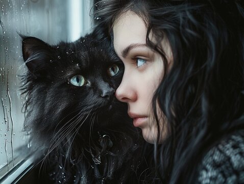 Stunning high resolution photos of a sad upset girl with charming eyes, black long hair and her beloved Maine Coon at the window.