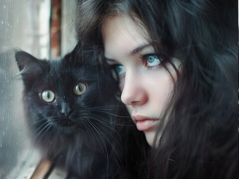 Stunning high resolution photos of a sad upset girl with charming eyes, black long hair and her beloved Maine Coon at the window.