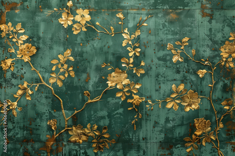 Poster vintage gold floral pattern on a verdigris canvas. background image. created with generative ai tech