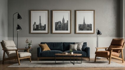 A tastefully arranged living room featuring stylish furniture, cityscape framed art and a cozy, welcoming ambience