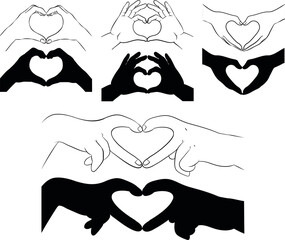 Vector illustration of hands making hearts in different shapes in line art and silhouette mode - 766470025