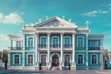 Luxurious classical house with a symmetrical facade, angular architecture, background in deep sea blue