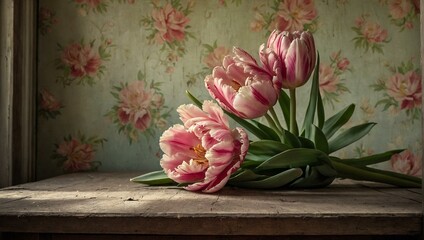 Beautiful pink tulips in full bloom, set against vintage floral wallpaper