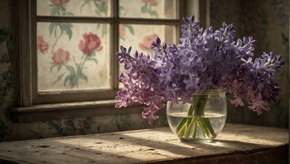 Fragrant purple hyacinths arranged in a clear glass vase on an old wooden table