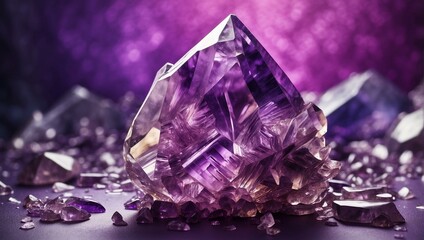 A stunning large amethyst crystal prominently displayed with smaller fragments on a vibrant purple background