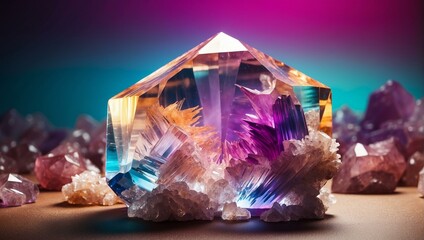 An ethereal multicolored crystal geode basks in a warm glow amidst an array of natural gemstones - obrazy, fototapety, plakaty