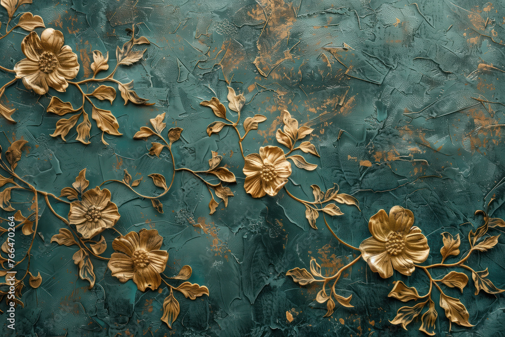 Poster vintage gold floral pattern on a verdigris canvas. background image. created with generative ai tech