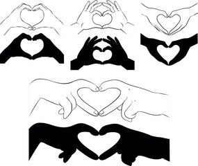 Vector illustration of hands making hearts in different shapes in line art and silhouette mode - 766470223