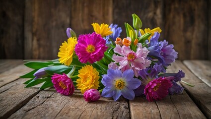 Fototapeta na wymiar A beautiful bouquet of fresh, colorful spring flowers arranged against a rustic wooden backdrop
