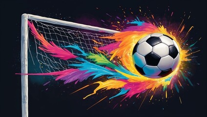 A stylized version of a soccer goal with a ball and neon color splashes
