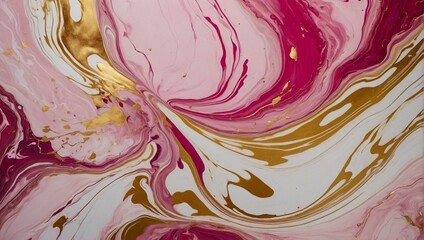 Fluid art photography capturing the entwining of pink and gold in a marble like pattern, conveying a sense of luxury and fluidity