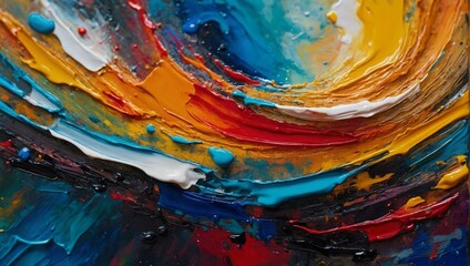 A detailed shot of a rich and multicolored abstract oil painting, featuring layered swirls suggesting depth and movement