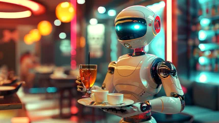Foto op Plexiglas Color illustration - The modern server: robot waiter with futuristic tray of drinks © Dzenka