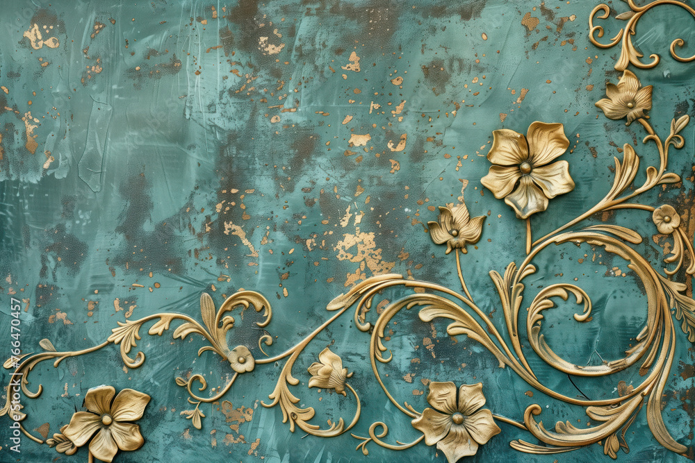 Poster vintage gold floral pattern on a verdigris canvas. background image. created with generative ai tech