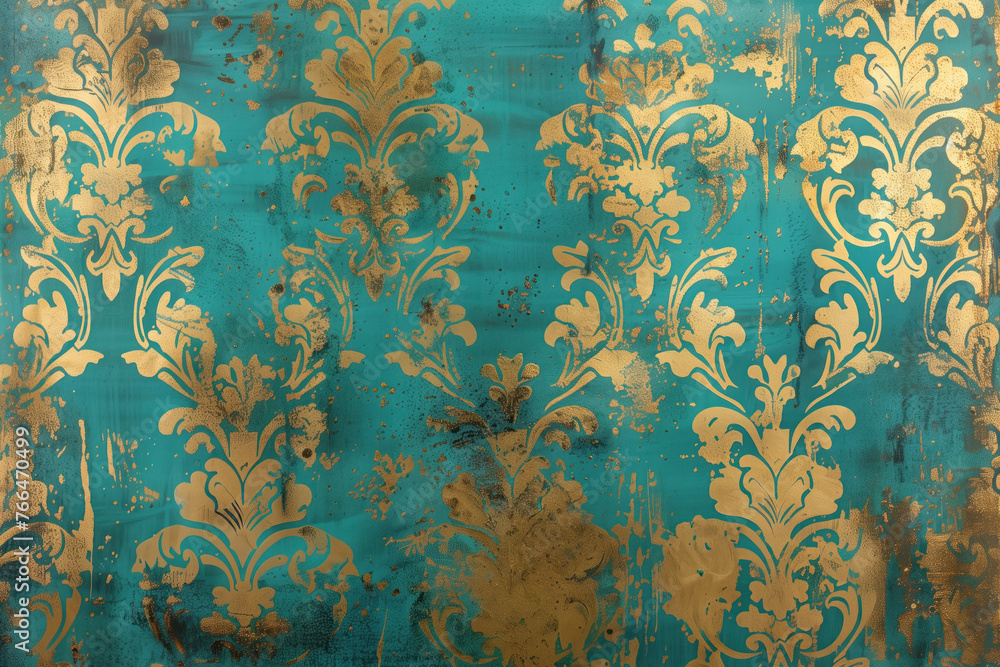 Poster vintage gold floral pattern on a verdigris canvas. background image. created with generative ai tech