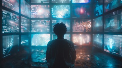 Capture a close-up shot of a person lost in thought, surrounded by digital screens, symbolizing the isolation of solipsism in a tech-driven world Explore the intersection of human consciousness and ar - obrazy, fototapety, plakaty
