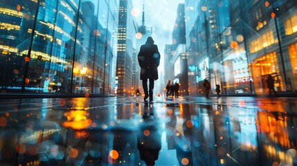 Capture a thought-provoking image of a lone figure in the midst of a bustling city, symbolizing the evolving perspective on solitude in a hyperconnected society Emphasize the contrast between solitude - obrazy, fototapety, plakaty