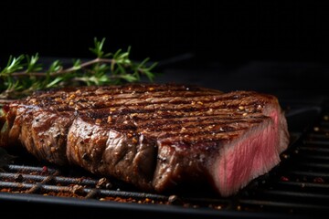 Delicious medium rare ribeye steak on a metal tray against a dark background