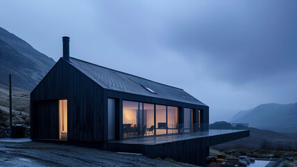Minimalist home in black with dark grey detailing presented against a deep indigo evening sky, exterior view