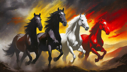 four horses of the Apocalypse Revelation white red black and yellow Bible Revelation - obrazy, fototapety, plakaty