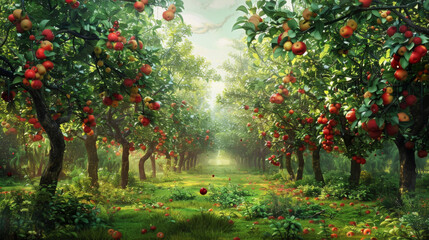 Rows of apple trees laden with fruit create a lush pathway in a sunlit orchard.