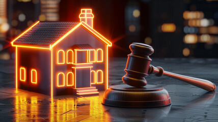 A brightly illuminated, neon-lit miniature house next to a glowing, LED-lit gavel, set against a dark, urban night background, portraying law in the digital age.