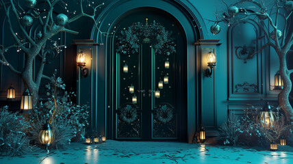 A breathtaking 8K scene depicting 3D double doors with Christmas lanterns and obsidian details, set...