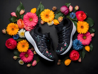 Training sneakers with colourful flowers around them on a black background. Fitness, spring, and fashion creative composition as a design element or banner background