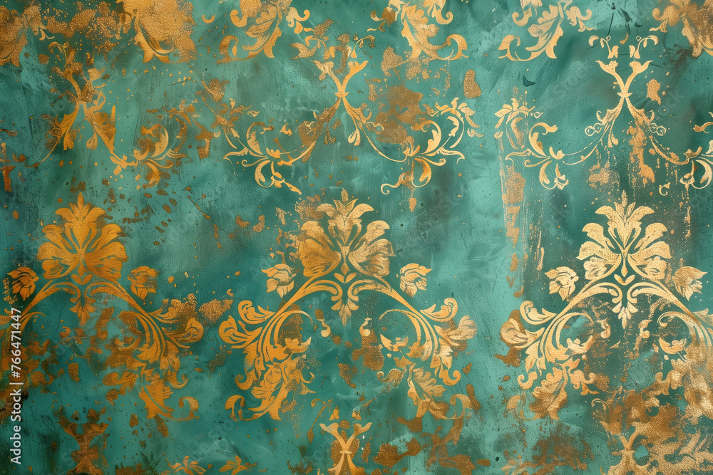 Aufkleber vintage gold floral pattern on a verdigris canvas. background image. created with generative ai tech